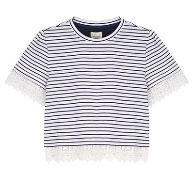 Yumi Girl Blue Crochet Lace Stripe Print T-Shirt